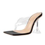 LISHAN Women's Mule Slides Square Open Toe Big Size Clear Heel Thong Sandal 4in High Heel Shoes Black Size 15