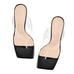 LISHAN Women's Mule Slides Square Open Toe Big Size Clear Heel Thong Sandal 4in High Heel Shoes Black Size 15
