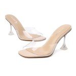 vivianly Womens Clear Heels Sandals Transparent Peep Toe Mules Backless Stiletto High Heels Slip on Heeled Slipper Dress Shoes size 10