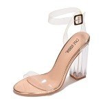 Cape Robbin Maria-2 Clear Chunky Block High Heels for Women, Transparent Strappy Open Toe Shoes Heels for Women - Rose Gold Size 10