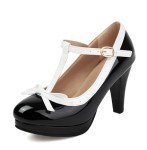 ForeMode Fashion Women T-Strap High Heels Bow Platform Round Toe Pumps Leather Summer Sweet Shoes (Black5, 9)