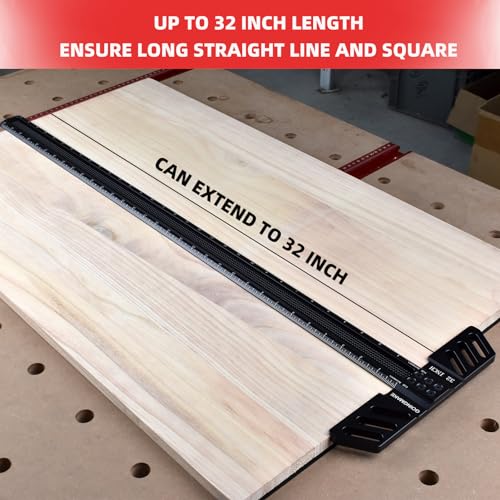 GOINGMAKE Woodworking T-Square 32 Inch Aluminum Alloy T Square Ruler 1/32" Hole Scrbing Guides Positioning Scribe Tool Precision Woodworking Ruler Scribing Tool for Carpenter Layout and Measuring