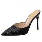 FSJ Women Stiletto High Heeled Mules Clogs Closed Pointed Toe Sandals Casual Slip On Shoes Size 13 Black Glitter