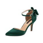 ERIJUNOR E1876B Wedding Evening Party Shoes Comfortable Mid Heels Pumps with Bow Knot Ankle Strap Wide Width Satin Shoes DarkGreen Size 7.5
