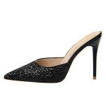 FSJ Women Stiletto High Heeled Mules Clogs Closed Pointed Toe Sandals Casual Slip On Shoes Size 13 Black Glitter