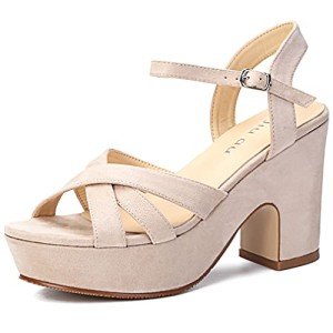 Jiu du Nude Sandals for Women Open Toe Strappy Sandals Heels Nude Wedge Shoes Size 6.5