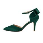 ERIJUNOR E1876B Wedding Evening Party Shoes Comfortable Mid Heels Pumps with Bow Knot Ankle Strap Wide Width Satin Shoes DarkGreen Size 7.5