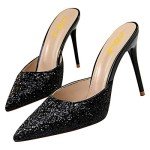 FSJ Women Stiletto High Heeled Mules Clogs Closed Pointed Toe Sandals Casual Slip On Shoes Size 13 Black Glitter
