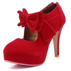 Mostrin Red High Heels for Women Closed Toe Platform Mary Jane Pumps with Bow Comfy Dress Shoes for Prom Size 9