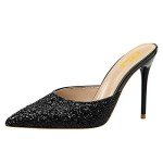 FSJ Women Stiletto High Heeled Mules Clogs Closed Pointed Toe Sandals Casual Slip On Shoes Size 13 Black Glitter