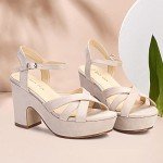 Jiu du Nude Sandals for Women Open Toe Strappy Sandals Heels Nude Wedge Shoes Size 6.5