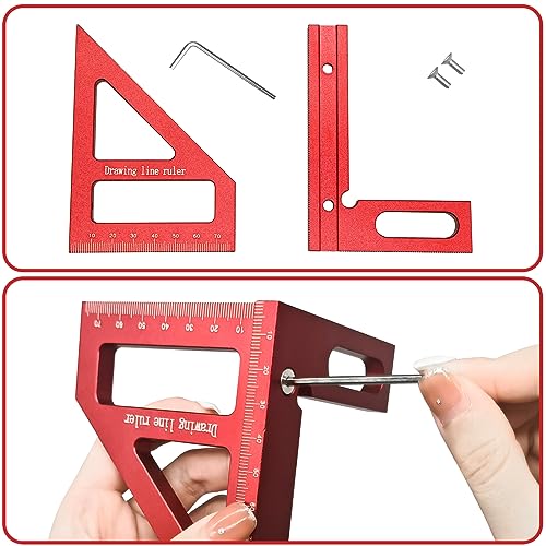 3D Woodworking Square Protractor, 45/90 Degree Carpenter Square Aluminum Miter Woodworking Ruler, Triangle Ruler Scriber, High Precision Layout Multipurpose Measuring Tool for Engineer Carpenter (Red)