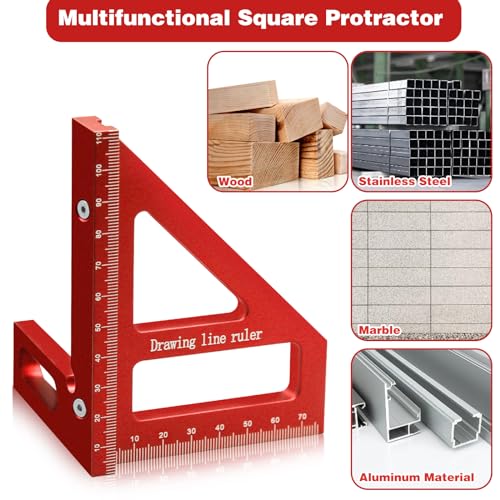 3D Woodworking Square Protractor, 45/90 Degree Carpenter Square Aluminum Miter Woodworking Ruler, Triangle Ruler Scriber, High Precision Layout Multipurpose Measuring Tool for Engineer Carpenter (Red)