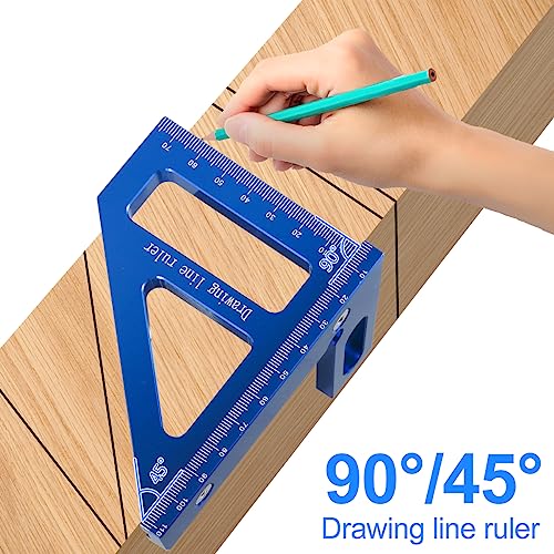 Woodworking Square Protractor, 3D Multi-angle Measuring Ruler, 45/90° Aluminum Alloy Woodworking Ruler,Miter Triangle Ruler,Precise Protractor Angle Finder,Layout Measuring Tool for Carpenter (Blue A)