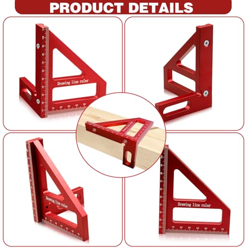 3D Woodworking Square Protractor, 45/90 Degree Carpenter Square Aluminum Miter Woodworking Ruler, Triangle Ruler Scriber, High Precision Layout Multipurpose Measuring Tool for Engineer Carpenter (Red)