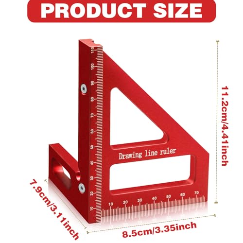 3D Woodworking Square Protractor, 45/90 Degree Carpenter Square Aluminum Miter Woodworking Ruler, Triangle Ruler Scriber, High Precision Layout Multipurpose Measuring Tool for Engineer Carpenter (Red)