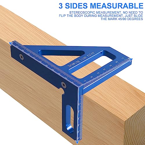 Woodworking Square Protractor, 3D Multi-angle Measuring Ruler, 45/90° Aluminum Alloy Woodworking Ruler,Miter Triangle Ruler,Precise Protractor Angle Finder,Layout Measuring Tool for Carpenter (Blue A)