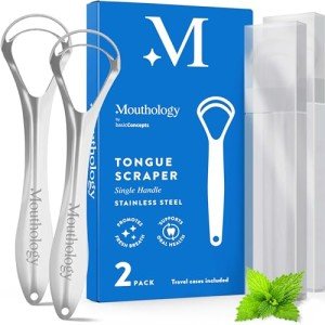 Mouthology Tongue Scraper For Adults (2 Pack), Reduce Bad Breath, Metal Tongue Scraper, Tongue Cleaner, Tongue Scraper, Stainless Steel Tongue Scraper, Tongue Cleaner for Adults, Tongue Scrubber