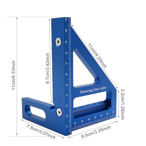 3D Multi-Angle Measuring Ruler,45/90 Degree Aluminum Alloy Woodworking Square Protractor,Ideal for Engineer Carpenter Crafting, Drawing,Miter Triangle Ruler High Precision Layout Measuring Tool (Blue)