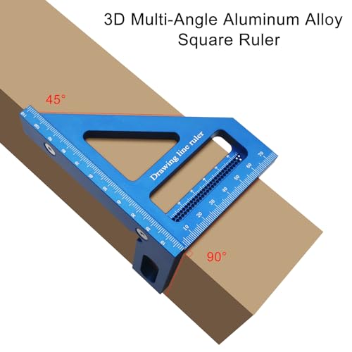 3D Multi-Angle Measuring Ruler,45/90 Degree Aluminum Alloy Woodworking Square Protractor,Ideal for Engineer Carpenter Crafting, Drawing,Miter Triangle Ruler High Precision Layout Measuring Tool (Blue)