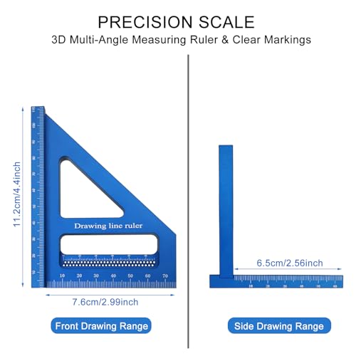3D Multi-Angle Measuring Ruler,45/90 Degree Aluminum Alloy Woodworking Square Protractor,Ideal for Engineer Carpenter Crafting, Drawing,Miter Triangle Ruler High Precision Layout Measuring Tool (Blue)