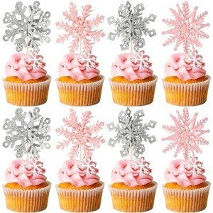 Rsstarxi 48 Pack Pink Silver Snowflake Cupcake Toppers Double Side Glitter Winter Frozen Theme Snowflake Cupcake Picks Decoration for Baby Shower Christmas Kids Birthday Party Cake Decorations