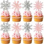 Rsstarxi 48 Pack Pink Silver Snowflake Cupcake Toppers Double Side Glitter Winter Frozen Theme Snowflake Cupcake Picks Decoration for Baby Shower Christmas Kids Birthday Party Cake Decorations