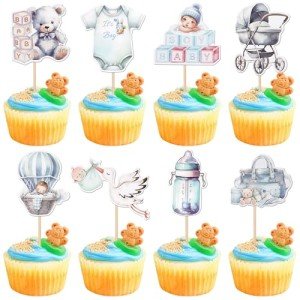 40 PCS Oh Baby Cupcake Toppers Swan Pacifier Onesie Baby Carriage Bear Baby Girl Cupcake Picks It's a Boy Baby Shower Decorations for Boys Birthday Baby Shower Party Cake Decorations Supplies Blue