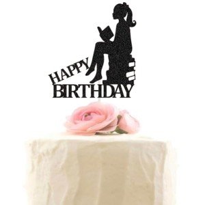 Reading Themed Happy Birthday Cake Toppers for Students Children Kids, Women Girls Book Club Birthday Party Decorations for Book Lovers Black Glitter