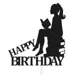 Reading Themed Happy Birthday Cake Toppers for Students Children Kids, Women Girls Book Club Birthday Party Decorations for Book Lovers Black Glitter