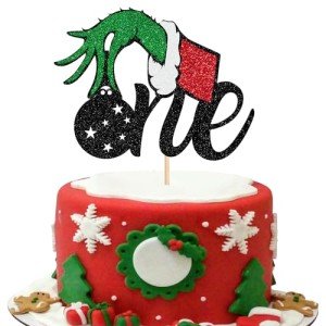 1 Pack Christmas One Cake Topper with Glitter Grinch Christmas Hand First Birthday Cake Topper Picks Decorations for Christmas Theme Baby Shower 1st Birthday Party Decorations Supplies Black