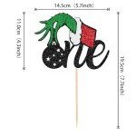 1 Pack Christmas One Cake Topper with Glitter Grinch Christmas Hand First Birthday Cake Topper Picks Decorations for Christmas Theme Baby Shower 1st Birthday Party Decorations Supplies Black