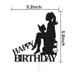 Reading Themed Happy Birthday Cake Toppers for Students Children Kids, Women Girls Book Club Birthday Party Decorations for Book Lovers Black Glitter