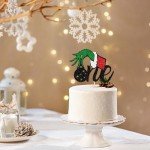 1 Pack Christmas One Cake Topper with Glitter Grinch Christmas Hand First Birthday Cake Topper Picks Decorations for Christmas Theme Baby Shower 1st Birthday Party Decorations Supplies Black