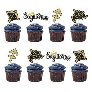 Sagittarius Cupcake Toppers, 24PCS Sagittarius Birthday Cupcake Toppers, Sagittarius Cake Picks, Constellation Themed Birthday Party Decorations, Black and Gold Glitter (Sagittarius)
