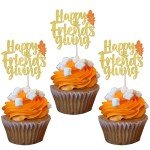 24 Pack Happy Friends Giving Cupcake Toppers Glitter Happy Thanksgiving Cupcake Picks Thank you Cupcake Decorations Fall Maple Leave Wedding Anniversary Birthday Party Cake Decorations Gold