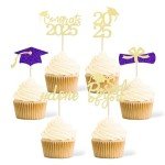 36 pcs Class of 2025 Graduation Cupcake Toppers, Gold & Purple Glitter Double-Sided Grad Cap Cake Toppers for Graduation Party Supplies, 2025 Graduate Party Cake Picks Graduation Decorations