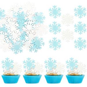 50 Pack Edible Snowflake Cupcake Toppers Snowflake Winter Cupcake Picks Water Paper Winter Frozen Cake Decorations for Snowflake Theme Baby Shower Kids Birthday Party Blue White