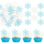 50 Pack Edible Snowflake Cupcake Toppers Snowflake Winter Cupcake Picks Water Paper Winter Frozen Cake Decorations for Snowflake Theme Baby Shower Kids Birthday Party Blue White