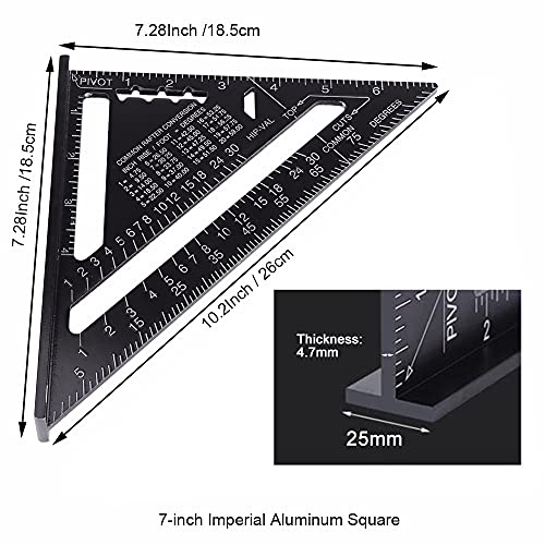 ASNOMY 7 Inch & 12 Inch Triangle Ruler, Black Triangle Ruler Rafter Square Protractor, High Precision Aluminum Alloy Triangle Ruler,Layout Measuring Tool for Engineer Carpenter（Metric and Imperial）