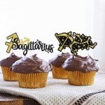 Sagittarius Cupcake Toppers, 24PCS Sagittarius Birthday Cupcake Toppers, Sagittarius Cake Picks, Constellation Themed Birthday Party Decorations, Black and Gold Glitter (Sagittarius)