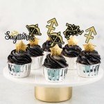 Sagittarius Cupcake Toppers, 24PCS Sagittarius Birthday Cupcake Toppers, Sagittarius Cake Picks, Constellation Themed Birthday Party Decorations, Black and Gold Glitter (Sagittarius)