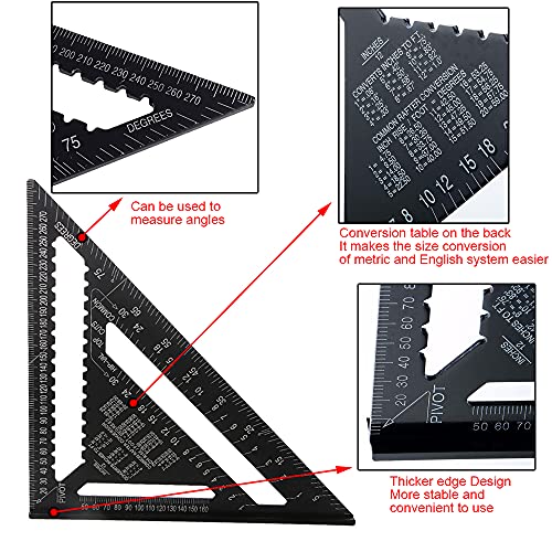ASNOMY 7 Inch & 12 Inch Triangle Ruler, Black Triangle Ruler Rafter Square Protractor, High Precision Aluminum Alloy Triangle Ruler,Layout Measuring Tool for Engineer Carpenter（Metric and Imperial）