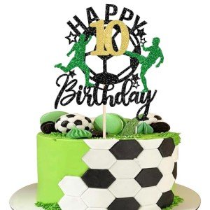 1 Pack Soccer Happy 10th Birthday Cake Topper Sport Soccer Ball Cake Picks for Football Theme Kids 10th Birthday Party Cake Decorations Supplies