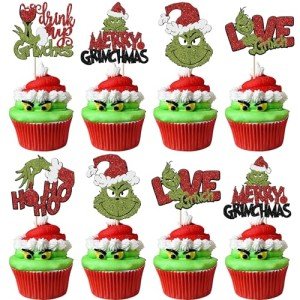 Rsstarxi 30 Pack Christmas Cupcake Toppers Glitter Drink Up Merry Grinchmas Cupcake Picks for Merry Christmas Baby Shower Kids Birthday Christmas Party Cake Decorations Supplies