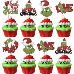 Rsstarxi 30 Pack Christmas Cupcake Toppers Glitter Drink Up Merry Grinchmas Cupcake Picks for Merry Christmas Baby Shower Kids Birthday Christmas Party Cake Decorations Supplies