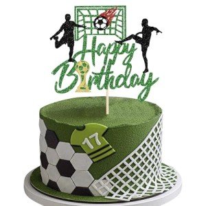 Rsstarxi 1 Pack Soccer Happy Birthday Cake Topper Glitter Happy Birthday Sign Trophies Football Player Cake Pick for Sport Theme Baby Shower Football Player Happy Birthday Party Cake Decorations