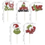 Rsstarxi 30 Pack Christmas Cupcake Toppers Glitter Drink Up Merry Grinchmas Cupcake Picks for Merry Christmas Baby Shower Kids Birthday Christmas Party Cake Decorations Supplies
