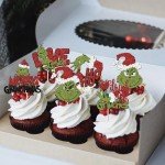 Rsstarxi 30 Pack Christmas Cupcake Toppers Glitter Drink Up Merry Grinchmas Cupcake Picks for Merry Christmas Baby Shower Kids Birthday Christmas Party Cake Decorations Supplies