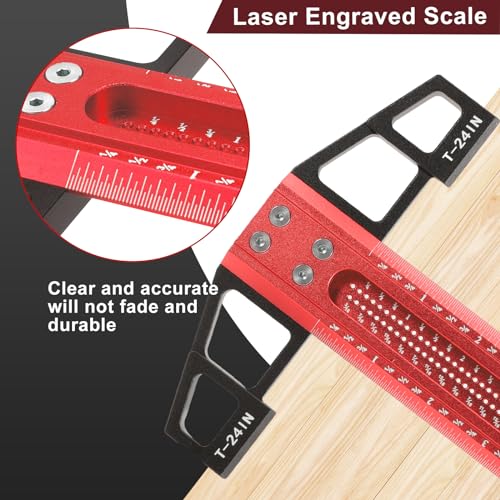 Aluminum T-Square Ruler 24 inch, Woodworking Scriber T-Square Ruler Measuring and Layout Tools for Woodworking, Architect Ruler for Carpenter Work, Imperial Positioning Scribing Graduated T-Square Rul